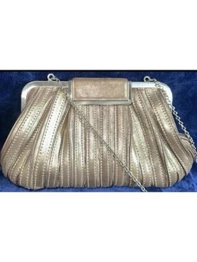 ANNABEL INGALL platinum-Lame’ Leather Clutch bag silver chain strap EUC